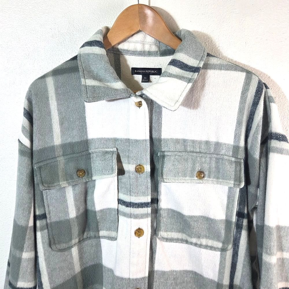 Banana Republic Green Plaid Fleece Shacket Button Up Mens Medium - Picture 8 of 12